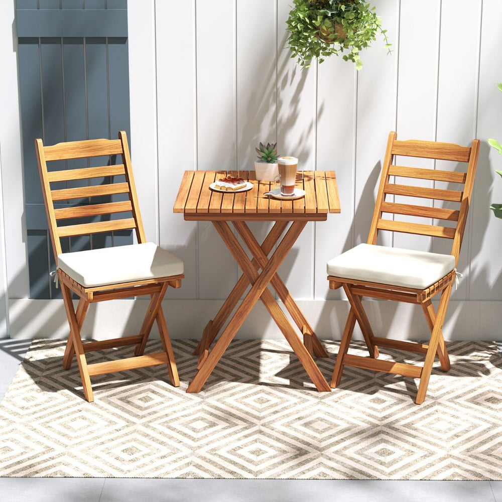 Ensemble Bistrot d'Extérieur en Bois d'Acacia Ensemble de Chaises Pliantes et Table Coussins de Siège Sans Accoudoirs à Dossier Haut Blanc -