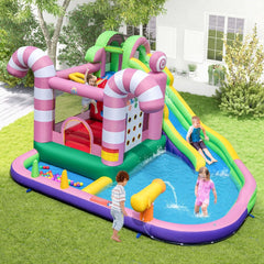 9 en 1 Château Gonflable en Forme Bonbons avec Toboggan Maison de Saut Gonflable avec Pistolet à Eau Charge 90kg pour 2 Enfants de 3-10 Ans -