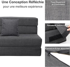 ANONER Canapé Convertible 2 Places 150cm de Large, Pliable en Mousse à Mémoire de Forme & 2 Oreillers, Lit Pliant de Sol pour Chambre Salon, Gris Foncé