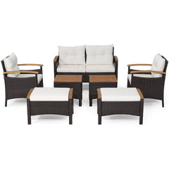 Ensemble de Canaps de Patio en Rotin PE 7 Pices avec Coussins d'Assise et de Dossier 2 Poufs 2 Tables Basses Plateau de Table -