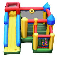 Château Gonflable 4 en 1 pour Enfant 3-10 Ans avec Toboggan Aire de Saut Mur d’Escalade Panier de Basketball -