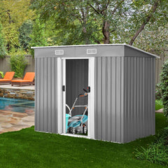 Abri de Jardin l'Extrieur en Acier Galvanis avec 2 Portes,4 Bouches d'Aration pour Stocker Outils 238 x 131 x 181CM Gris+Blanc -