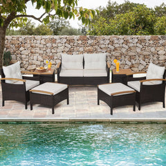 Ensemble de Canapés de Patio en Rotin PE 7 Pièces avec Coussins d'Assise et de Dossier 2 Poufs 2 Tables Basses Plateau de Table -