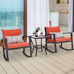 Ensemble de Jardin avec 2 Fauteuils à Bascule et 1 Table Basse en Verre Trempé Tous Coussins Inclus en Rotin PE -