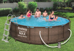 Power Steel Deluxe Piscine tubulaire ronde avec cadre en acier solide Kit complet Aspect rotin 366 x 100 cm,Marron