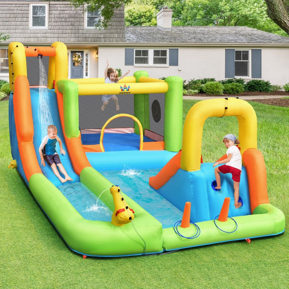 Château Gonflable 8 en 1 avec 2 Toboggans Parc Aquatique avec Maison de Saut Charge 135kg pour 3 Enfants de 3-10 Ans -