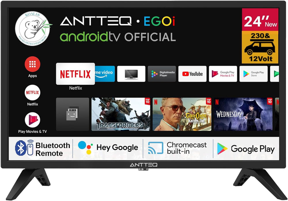 Antteq G24 Smart TV 24 Pouces (60 cm) Television 220/12V Bluetooth compatibilité avec Google Assistant Triple Tuner (DVB-S2/T2/C) WiFi Bluetooth HDMI USB Miroir d’Écran Idéal Camping