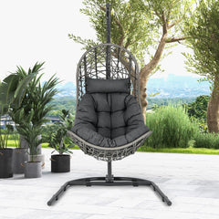 Chaise Oeuf en Rotin PE avec Support avec Oreiller et Coussin Chaise Suspendue avec Accessoires de Suspension Capacité 160 Kg Gris -
