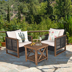 Ensemble Salon de Jardin en Bois d'Acacia Rotin Artisanal Anti-soleil Résistant aux Intempéries pour Porche Balcon Terrasse -