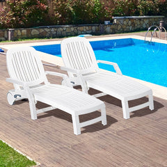 Chaise Longue Inclinable Rglable 5 Positions avec Roues Flexibles Fauteuil Relax de Camping avec Bo卯te de Rangement Charge 150KG Blanc -