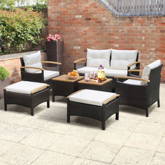 Ensemble de Canapés de Patio en Rotin PE 7 Pièces avec Coussins d'Assise et de Dossier 2 Poufs 2 Tables Basses Plateau de Table -