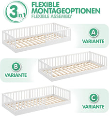 CADANI Timi 2en1 Lit au Sol 120x200 cm Lit Enfant Montessori avec Barrière de Sécurité et Sommier à Lattes, Bois Massif Pin, Blanc, 3 Variantes de Construction, Transformable