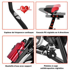 Vlo D檃ppartement Vlo Silencieux avec Courroie et Roue D檌nertie en Fer de 10kg Guidon et Selle Ajustable Noir + Rouge -
