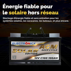Batterie Solaire AGM 12V 100Ah Décharge Profonde sans Entretien pour Camping-Car, Voiture, Bateau, Jardin et Systèmes Solaires Autonomes Batterie Énergie Electronicx Solar Edition