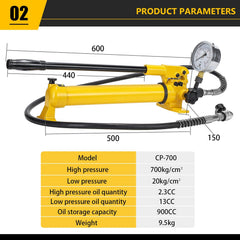 CGOLDENWALL CP-700 Pompe Hydraulique Manuelle avec Tuyau de 1 8m Haute Pression 700kg/cm² Contenu en Huile 900cc pour Utilisation avec Variété d'Outils Hydrauliques