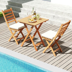 Ensemble Bistrot d'Extérieur en Bois d'Acacia Ensemble de Chaises Pliantes et Table Coussins de Siège Sans Accoudoirs à Dossier Haut Blanc -