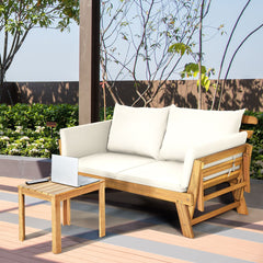 Chaise Longue Convertible avec Coussin Canapé de Jardin 2 en 1 en Bois d’Acacia avec Accoudoir Réglable pour Patio Piscine Jardin Blanc/Gris/Bleu/Rouge -