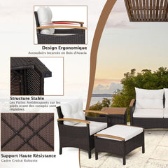 Ensemble de Canaps de Patio en Rotin PE 7 Pices avec Coussins d'Assise et de Dossier 2 Poufs 2 Tables Basses Plateau de Table -