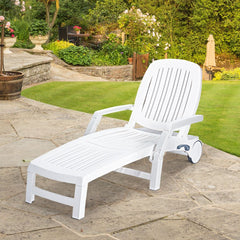 Chaise Longue Inclinable Rglable 5 Positions avec Roues Flexibles Fauteuil Relax de Camping avec Bo卯te de Rangement Charge 150KG Blanc -