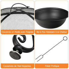 Brasero Extérieur pour Jardin 80 x 80 x 70 cm Foyer rond 4 en 1 avec Brasero Grille de Cuisson Grille en Bois -