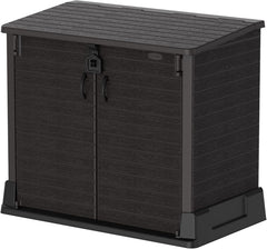 Duramax StoreAway 1200L Plastic Garden Shed/ Flat Lid,Outdoor Storage Shed,Wheelie Bin Hideaways,Wheelie bin box,Durable Construction,Ideal for Bikes,BBQs & 2x 240L Bins,145x85x125 cm,Brown