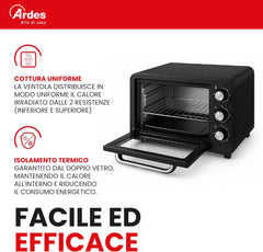ARDES - AR6264PB Four électrique ventilé Capacité de 64 litres avec lumière interne 6 fonctions de cuisson minuterie double vitrage avec accessoires MAGNUS, Noir