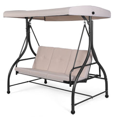 Balancelle d'Extérieur Convertible Jardin Porche Avec Sièges à Coussins Auvent Réglable et Cadre en Métal Enduit Hamac 3 Places Beige -