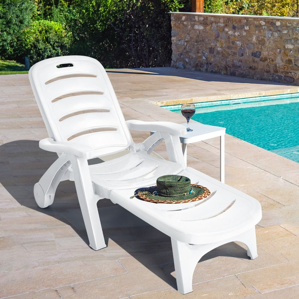 Chaise Longue Pliable Dossier Inclinable 5 Positions avec Roues Intgres pour Terrasse Jardin Piscine 150 kg Gris/Blanc/Bleu -
