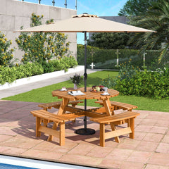 Ensemble Table de Pique-Nique en Bois pour 2 à 8 Personnes Set Table et Banc Circulaire avec 4 Bancs Intégrés Trou de Parasol de 5cm Marron/Jaune -