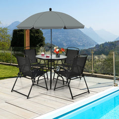 Ensemble Salon de Jardin 6 Pcs 4 Chaises Pliantes Table Basse en Verre et Parasol pour Terrasse Piscine Cour Noir -
