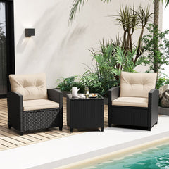 Ensemble de Meubles 3 Pices de Patio en Rotin Charge 180KG Salon de Jardin 2 Fauteuils Table Basse avec Plateau Noir/Beige/Blanc -