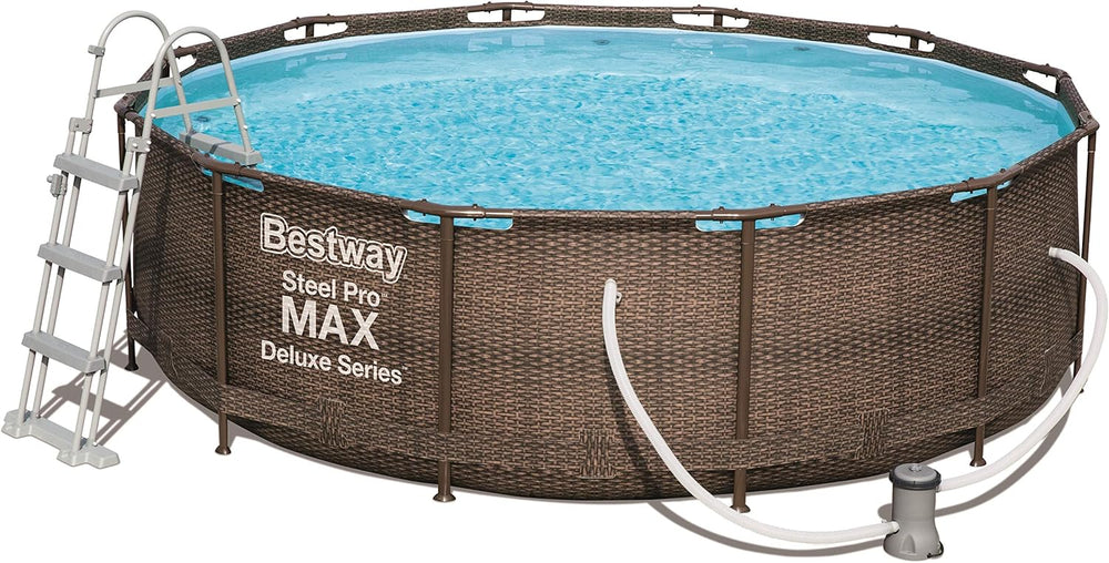 Power Steel Deluxe Piscine tubulaire ronde avec cadre en acier solide Kit complet Aspect rotin 366 x 100 cm,Marron