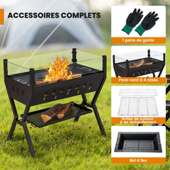 Barbecue Charbon de Bois Gril au Charbon de Bois en Acier Inoxydable avec Pare-vent Supports d'Assaisonnement tagre de Rangement Marron -