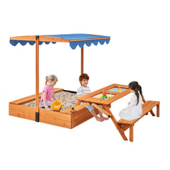Bac à Sable en Bois pour Enfants avec Couvercle Aire de Jeux avec Table Sensorielle Pliable & Banc Parasol Ajustable pour 3+ Ans Naturel -