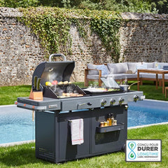 BRASERO - Barbecue Bi-Energy Gun Metal XL - Barbecue Charbon et Plancha 60 x 42 cm à gaz avec brûleur latéral -12,95 KW