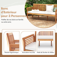 Banc de Terrasse en Bois 3 Places Banc en Acacia de 159 cm de Long avec Coussins d'Assise Doux Dossier et Accoudoirs Ergonomiques Blanc -