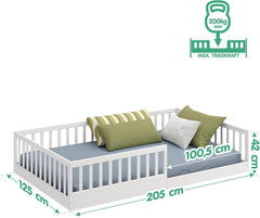 CADANI Timi 2en1 Lit au Sol 120x200 cm Lit Enfant Montessori avec Barrière de Sécurité et Sommier à Lattes, Bois Massif Pin, Blanc, 3 Variantes de Construction, Transformable
