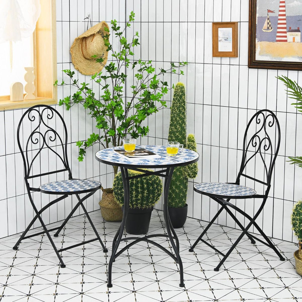 Ensemble Table et 2 Chaises Pliantes de Bistrot 2 Personnes Design Carreaux de Mosaïque Collés sur du Ciment pour Terrasse -