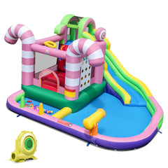 9 en 1 Château Gonflable en Forme Bonbons avec Toboggan Maison de Saut Gonflable avec Pistolet à Eau Charge 90kg pour 2 Enfants de 3-10 Ans -