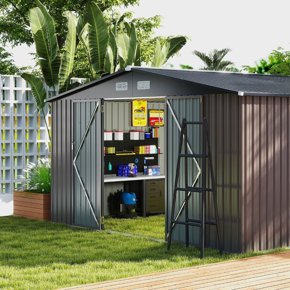 Abri de Stockage Extrieur Grand Hangar Outils avec Design de Toit Inclin Portes Fermables avec Cls 4 Arations 350x350x198cm Gris -