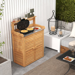 Banc d'Empotage d'Extérieur Table de Jardinage avec Comptoir en Métal Galvanisé 3 Crochets de Suspension Etagères Amovibles Naturel -
