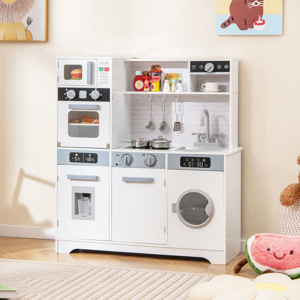 Cuisine de Jeu pour 3 Ans et Plus Jouets de Cuisine en Bois avec Evier Robinet Distributeur d橢au Micro-ondes Four Ustensiles Blanc -