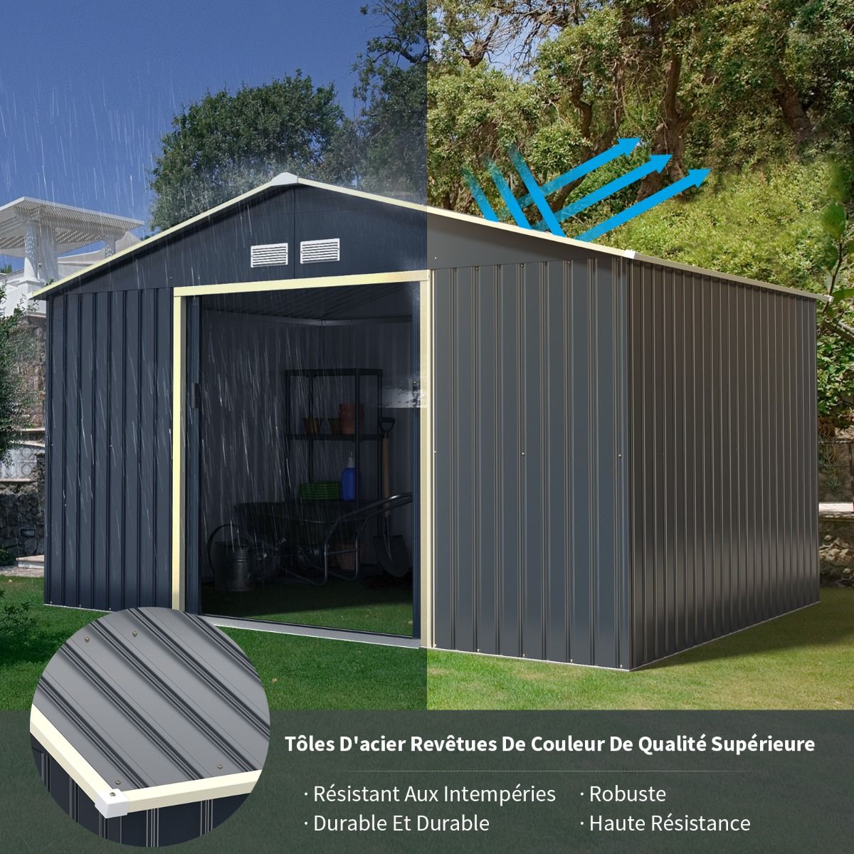 Abri de Jardin en Métal & Extension 10.85avec 2 Portes Coulissantes Verrouillables 4 Trous d’Aération Gris pour Vélo -