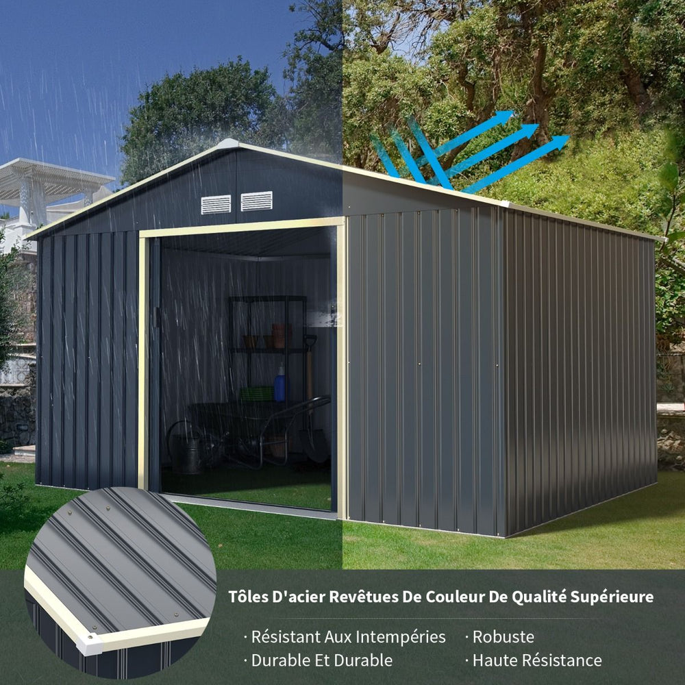 Abri de Jardin en Métal & Extension 10.85avec 2 Portes Coulissantes Verrouillables 4 Trous d’Aération Gris pour Vélo -