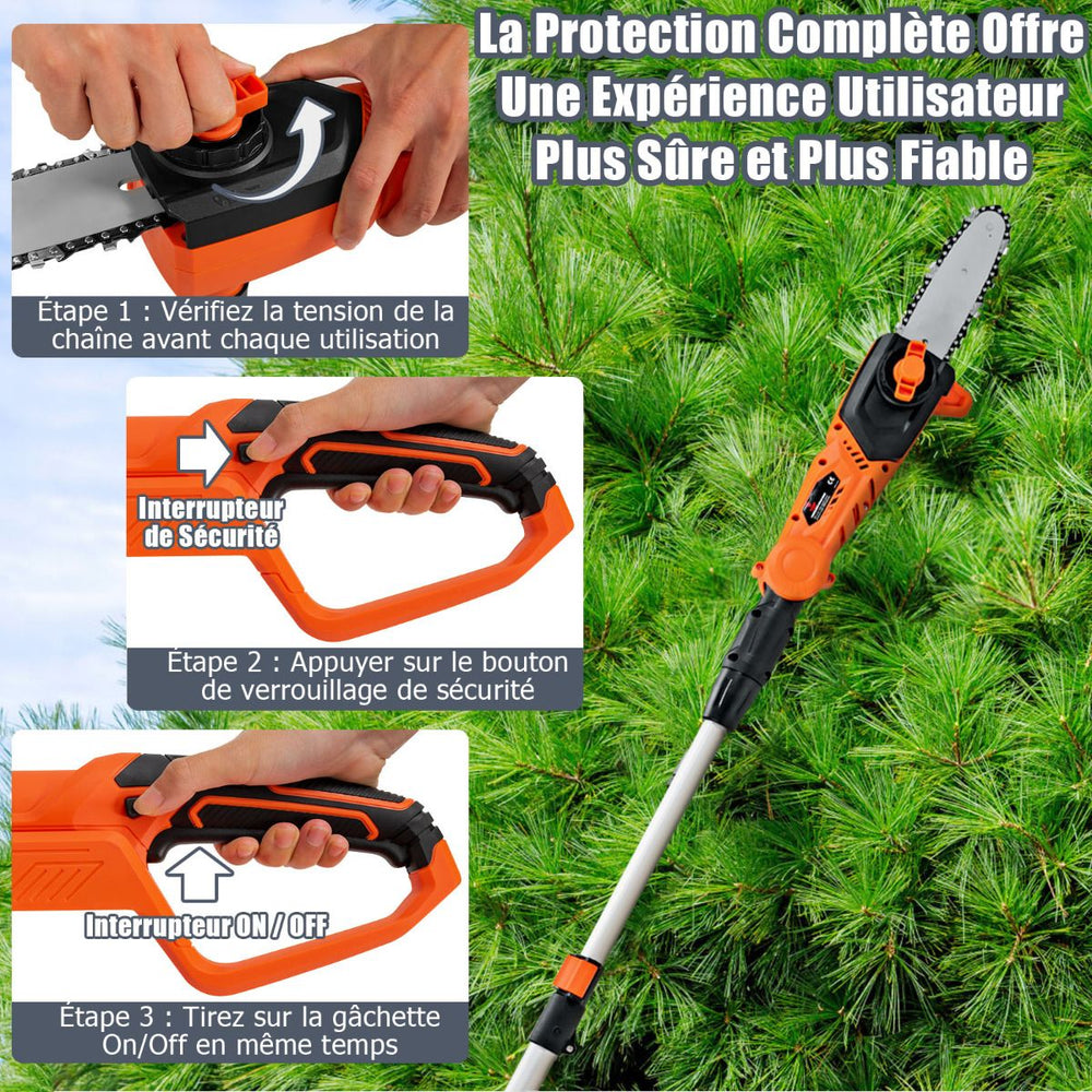 lagueuse Tlescopique sur Perche sans Fil 198 -274 cm Coupe Branche avec Batterie 20V et Chargeur Orange -
