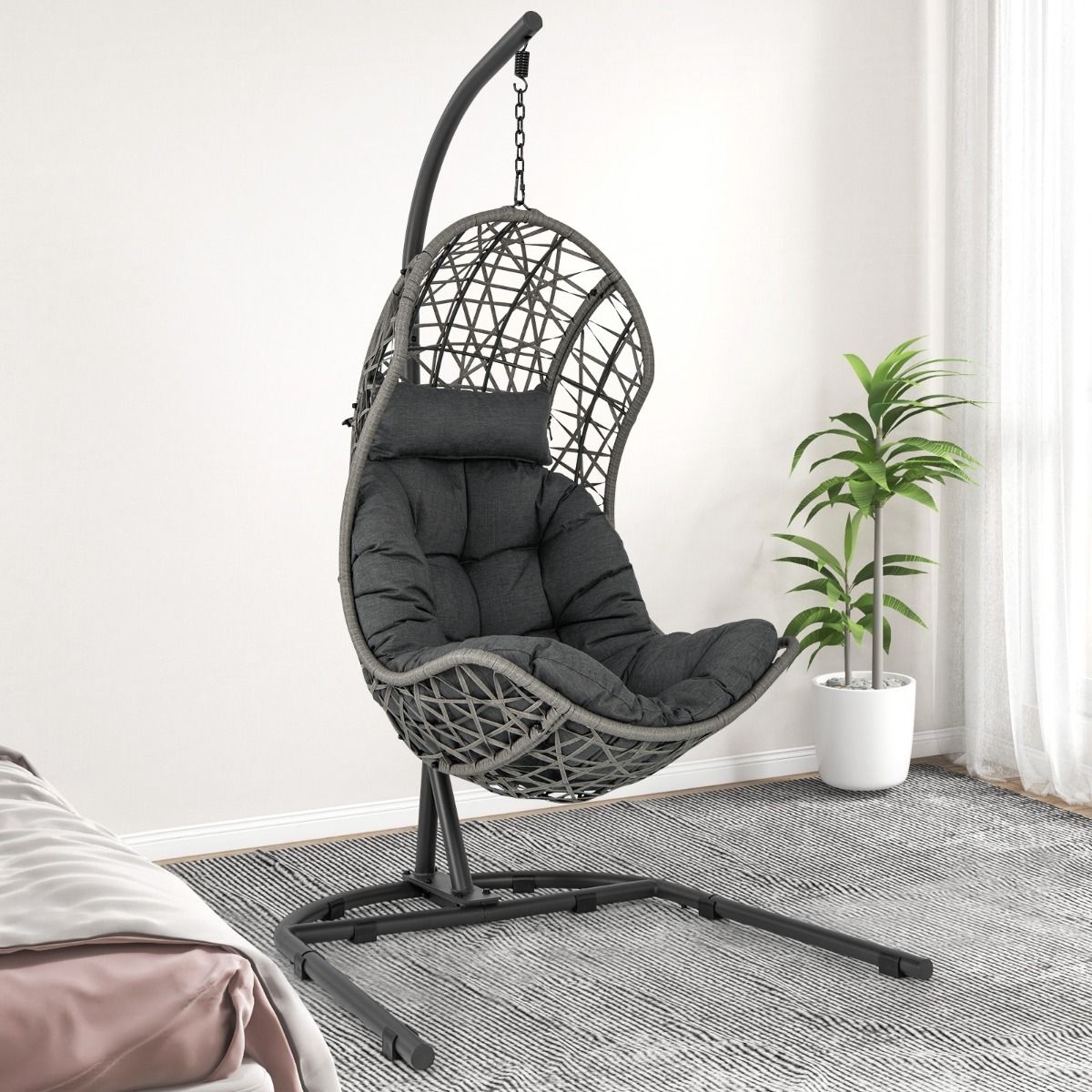 Chaise Oeuf en Rotin PE avec Support avec Oreiller et Coussin Chaise Suspendue avec Accessoires de Suspension Capacit 160 Kg Gris -