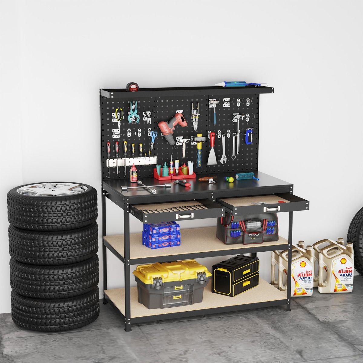 tabli de Bricolage 121 x 61 cm Table de Travail en Mtal de 230 kg avec 3 Panneaux Perfors 24 Accessoires de Suspension Noir/Bleu Marine -
