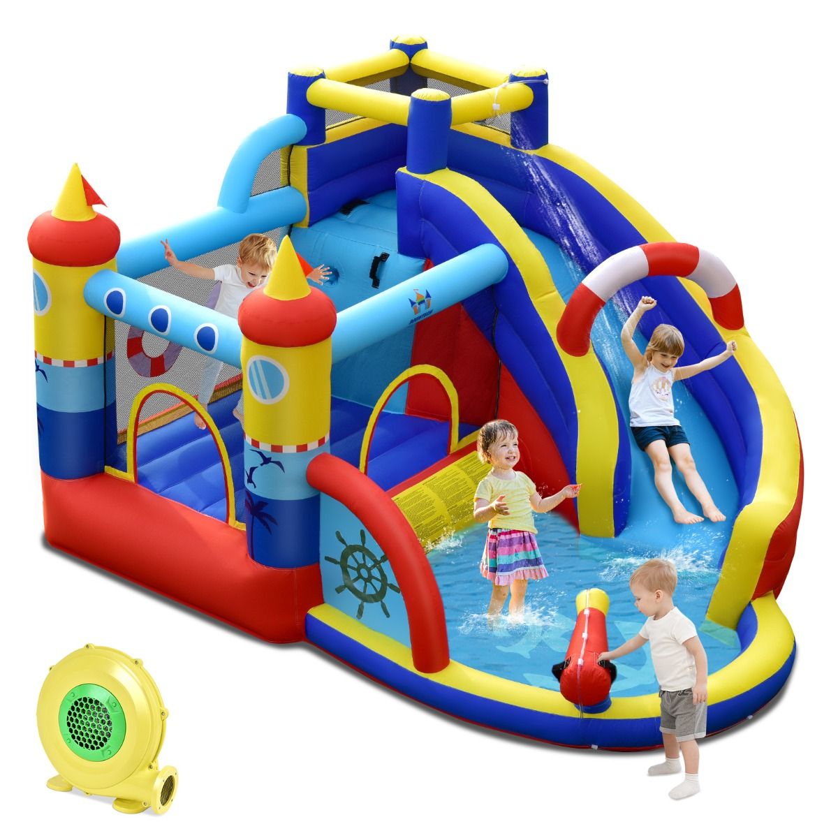 Château Gonflable Style Bateau avec Toboggan Incurvé Zone de Saut Mur d'Escalade avec Gonfleur 450 W -
