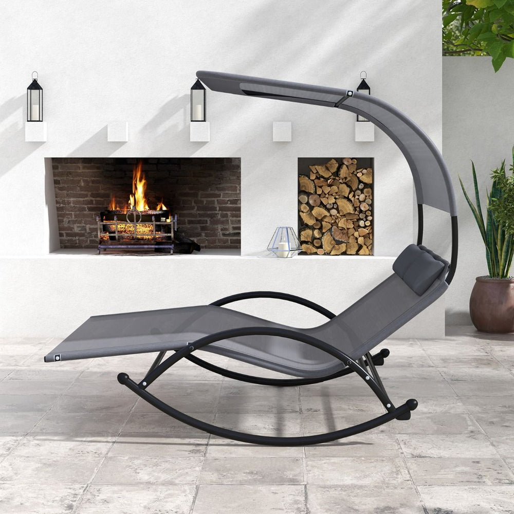 Chaise Longue Double Chaise  Bascule pour 2 Personnes 2 Appui-T锚tes Amovibles Cadre en Mtal Robuste Lit de Repos Ergonomique 2 Places Gris/Noir/Beige -