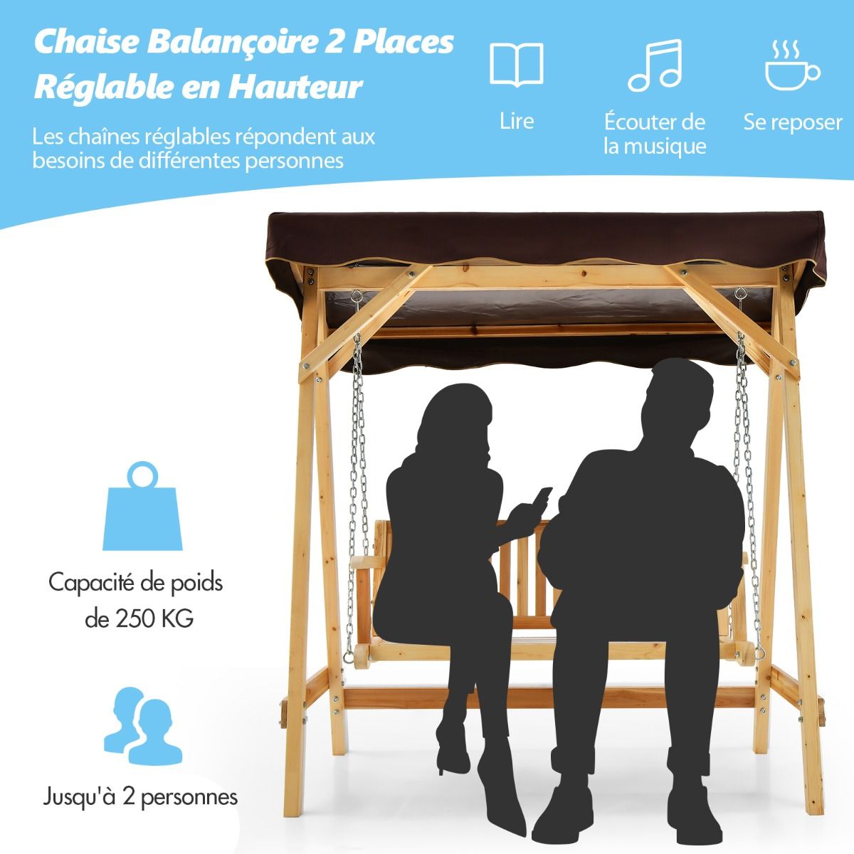 Balancelle de Jardin 2 Places en Bois avec Toit Inclinable Imperméable Chaîne Métallique Réglable Charge 240KG Cadre en A pour Jardin Véranda Cour -
